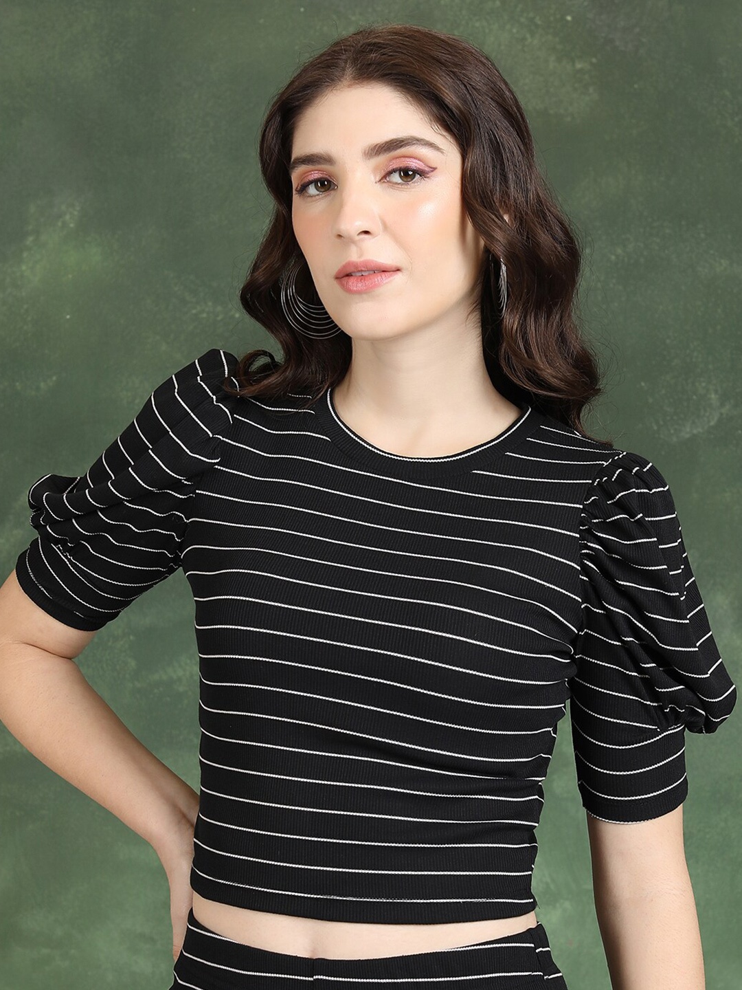 

Tokyo Talkies Black & White Striped Puff Sleeves Crop Regular Top