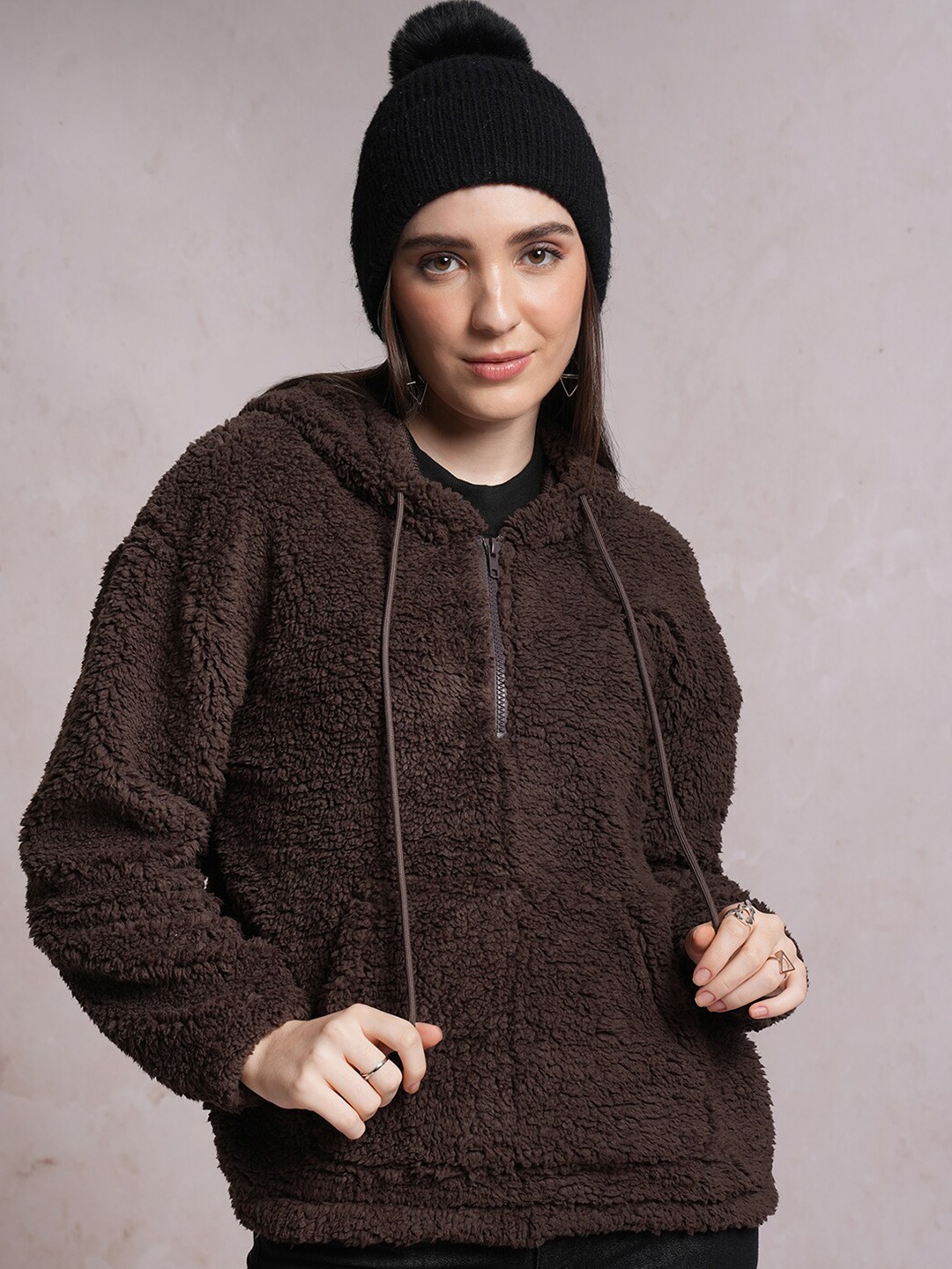 

Tokyo Talkies Brown Hooded Front-Open Sweatshirt