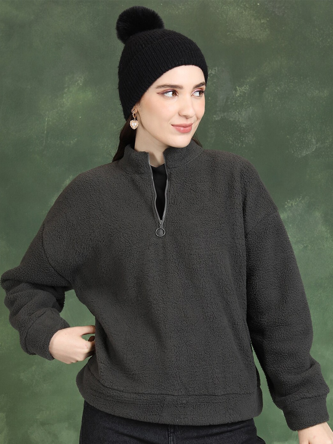 

Tokyo Talkies Grey Mock Collar Oversized Pullover Sweatshirt