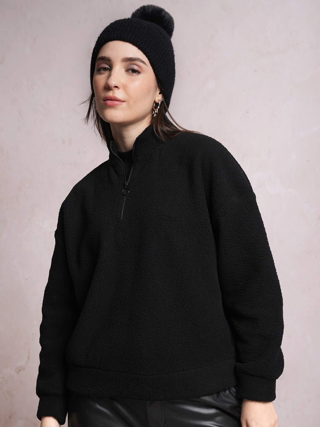 

Tokyo Talkies Black High Neck Oversized Pullover Sweatshirt