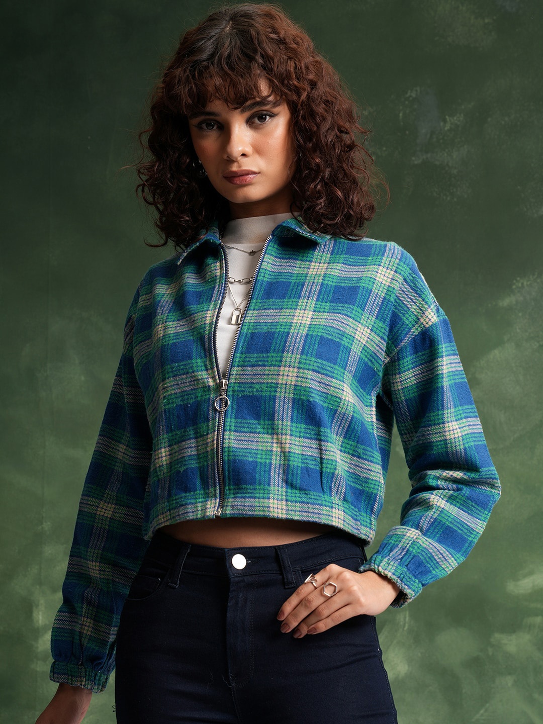 

Tokyo Talkies Flannel Checked Crop Tailored Jacket, Blue