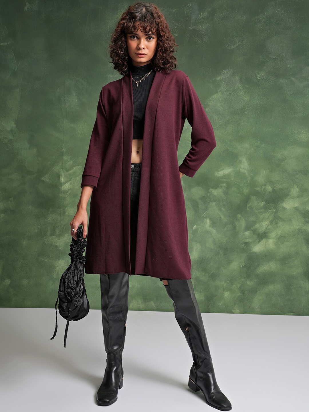 

Tokyo Talkies Maroon Self Design Longline Open Front Shrug
