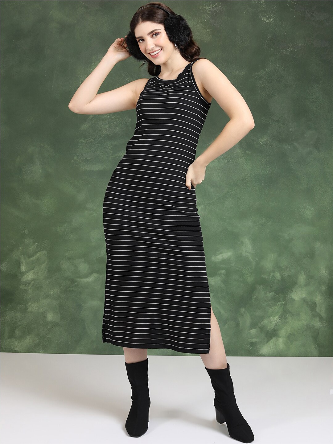 

Tokyo Talkies Black & White Striped Shoulder Straps A-Line Dress