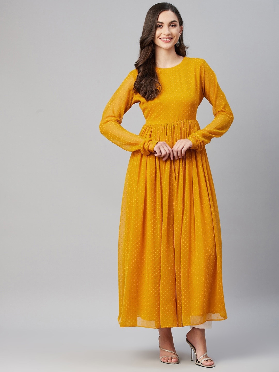 

KALINI Geometric Woven Design Boat Neck Georgette Anarkali Kurta, Yellow