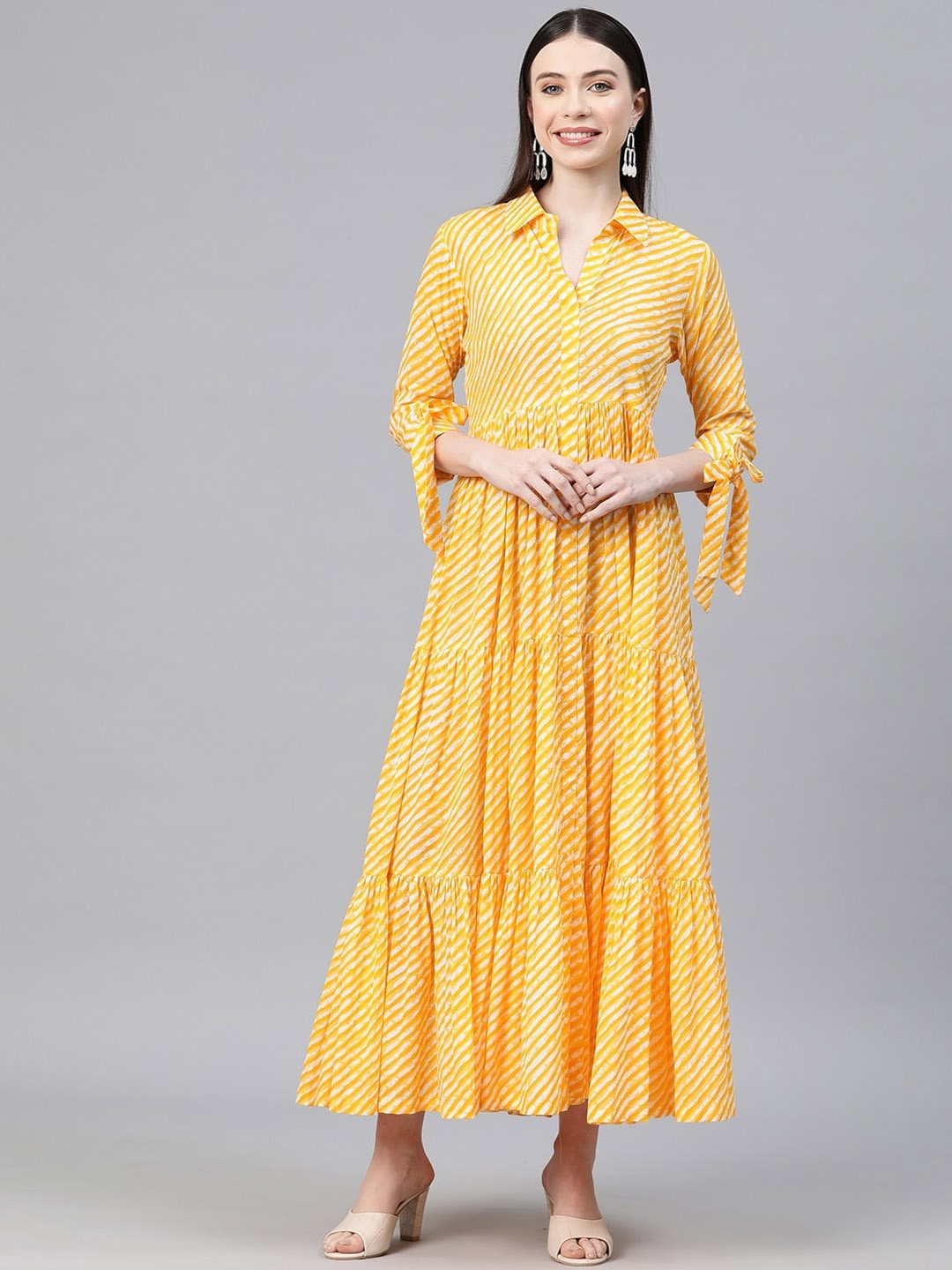 

KALINI Geometric Printed Shirt Collar Tie-Ups & Tiered Cotton Fit and Flare Maxi Dress, Yellow