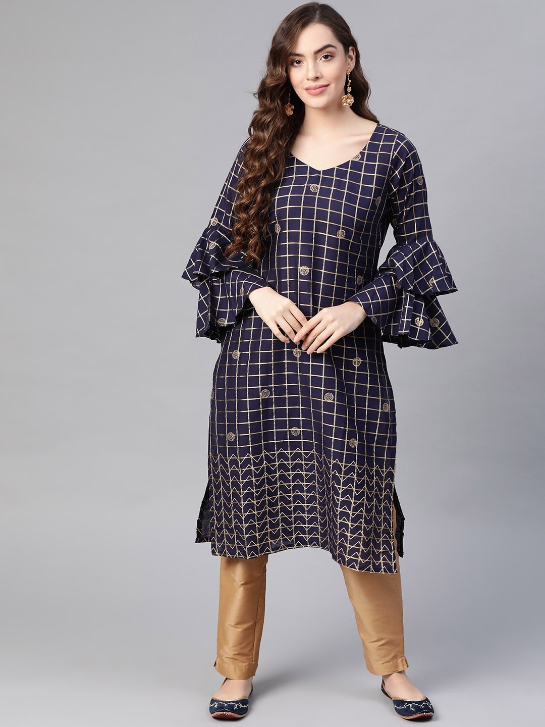 

KALINI Checked Screen Printed V-Neck Bell Sleeves Cotton Kurta, Navy blue