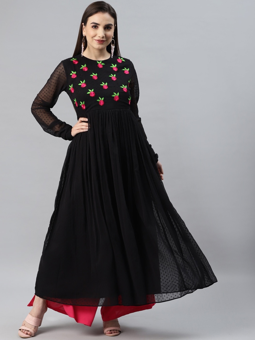 

KALINI Floral Embroidered Thread Work Anarkali Kurta, Black