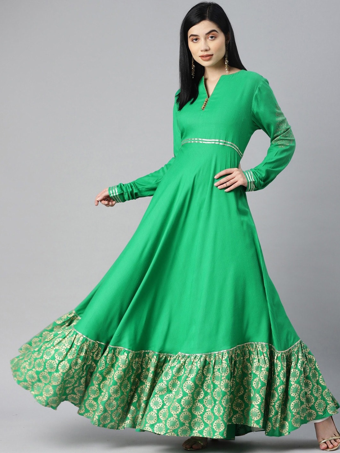 

KALINI Gathered Detailed Cotton Maxi Ethnic Dress, Green