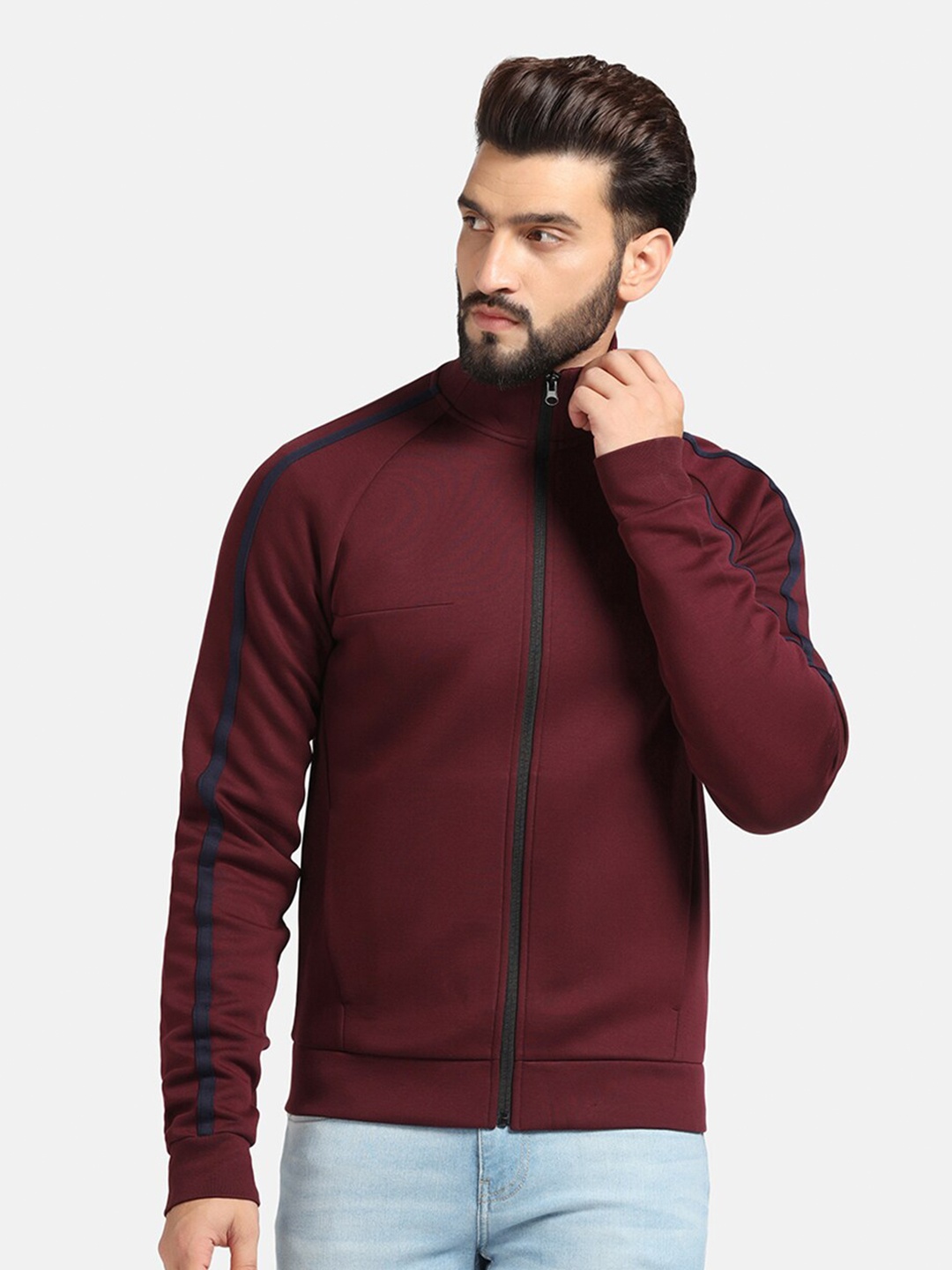 

Blackberrys Stand Collar Cotton Front-Open Sweatshirt, Maroon