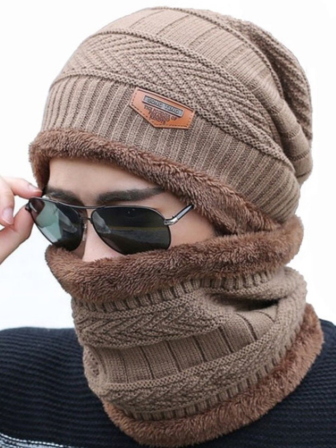 

Alexvyan Men Self Design Woollen Beanie With Scarf, Brown