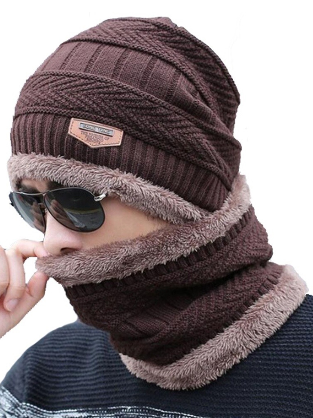 

Alexvyan Men Self Design Woollen Beanie With Scarf, Brown