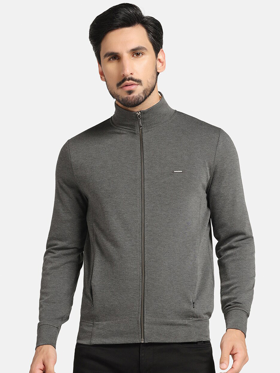 

Blackberrys Stand Collar Cotton Front-Open Sweatshirt, Grey