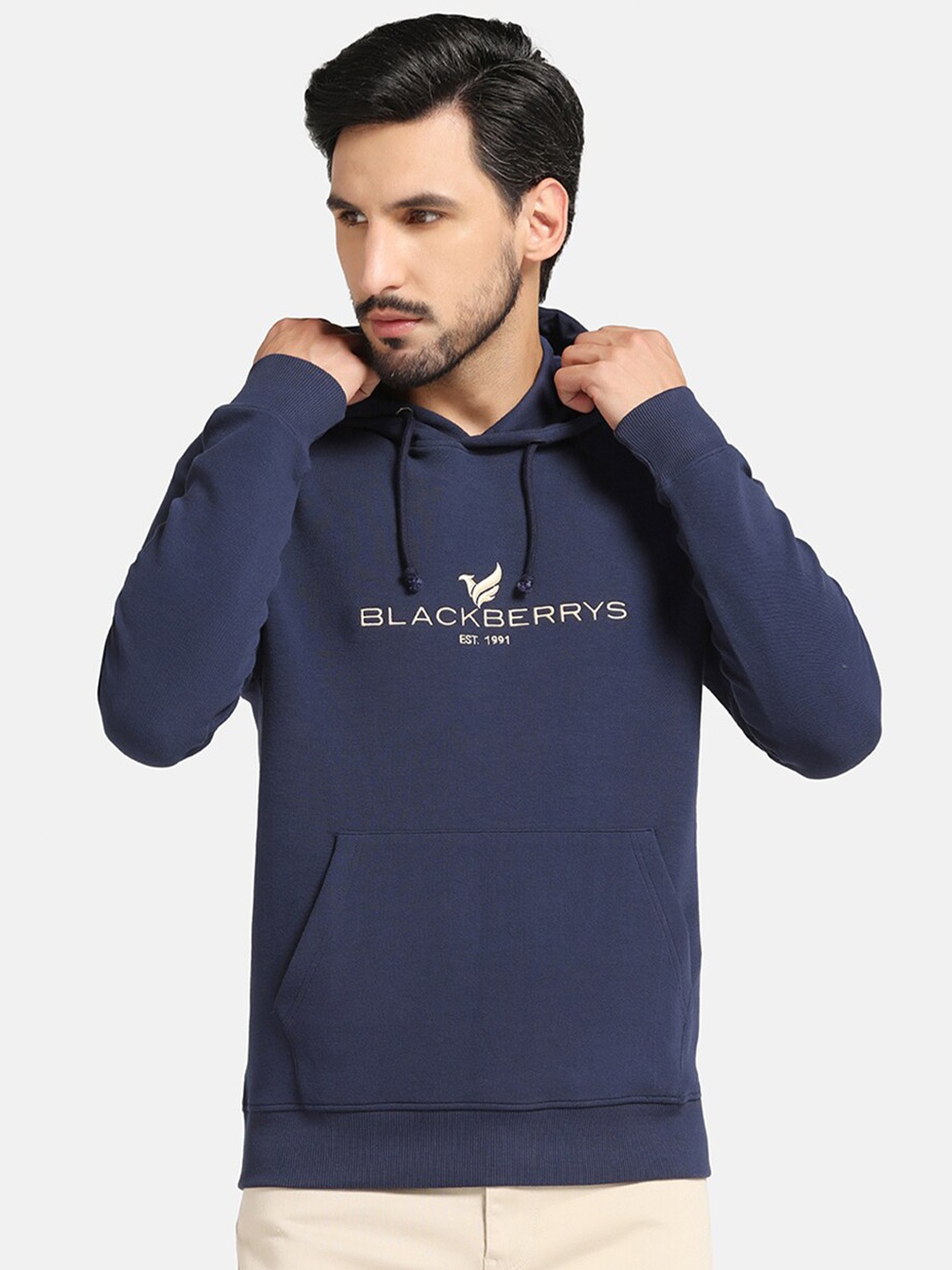 

Blackberrys Typography Printed Hooded Cotton Pullover, Navy blue