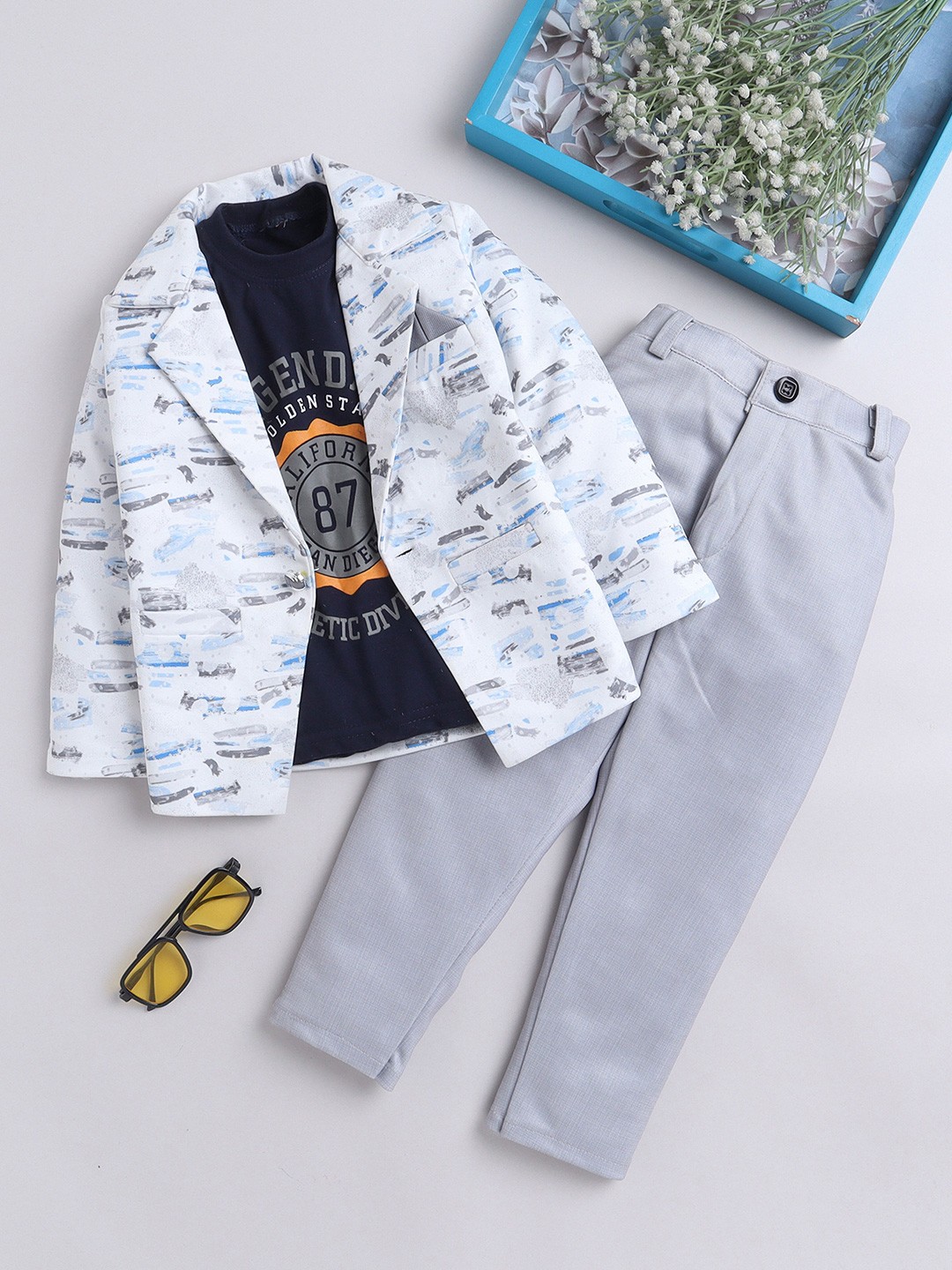 

BAESD Boys Printed T-shirt with Trousers & Jacket, Blue