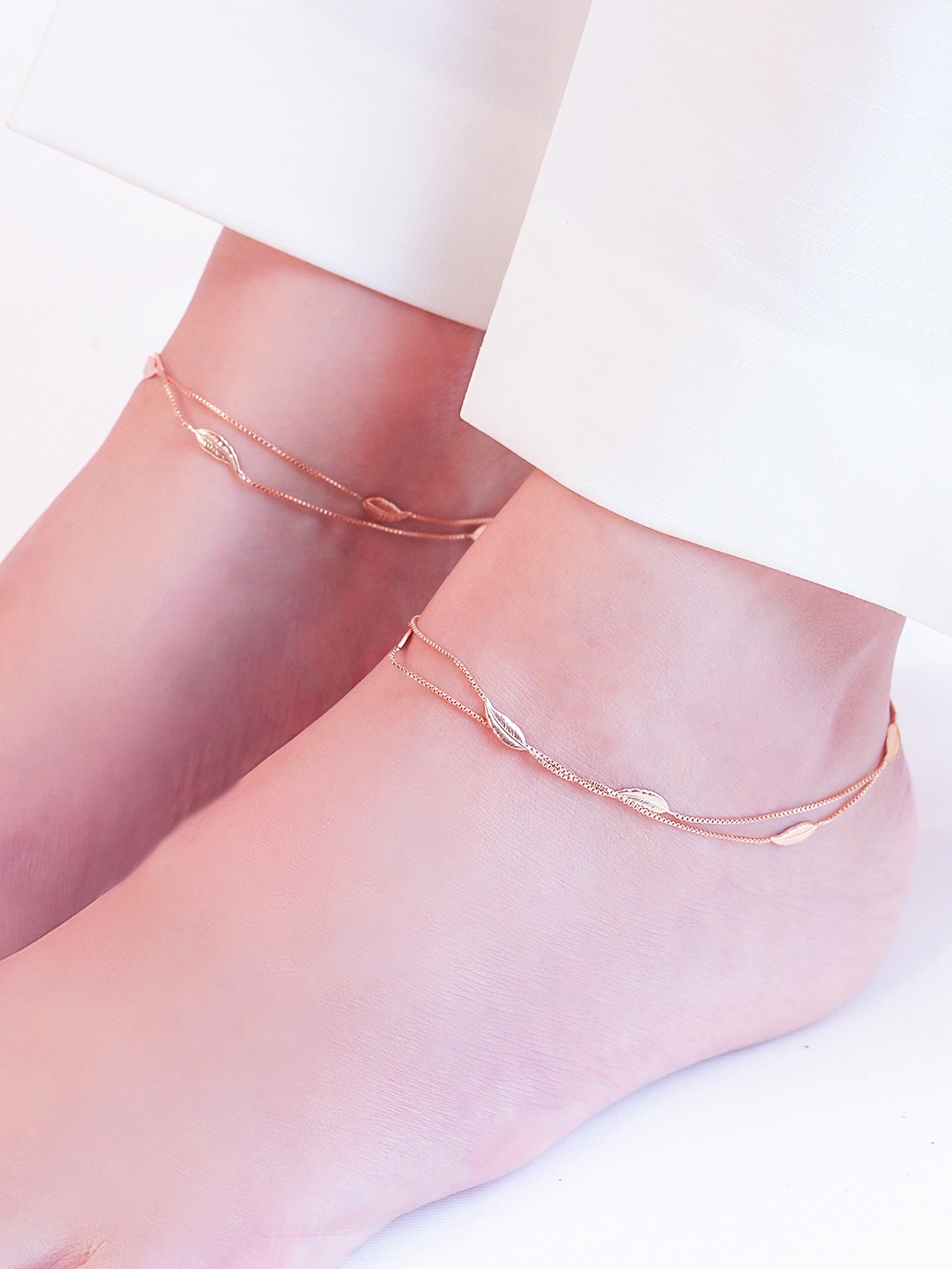 

Zavya Women Set of 2 Rose Gold-Plated Stone Studded Sterling Silver Anklets