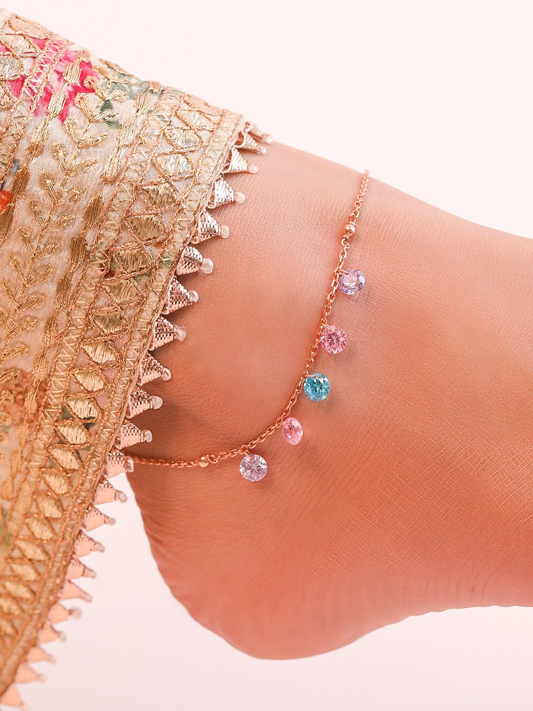 

Zavya Women Rose Gold-Plated Stone Studded Sterling Silver Charm Anklet