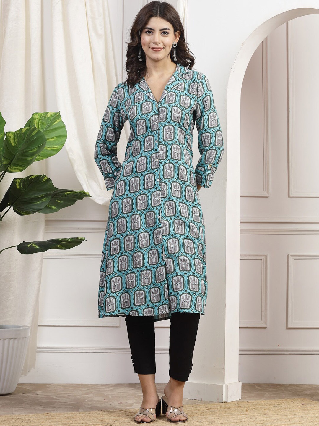 

Nayam By Lakshita Ethnic Motifs Printed Mandarin Collar A-Line Kurta, Teal