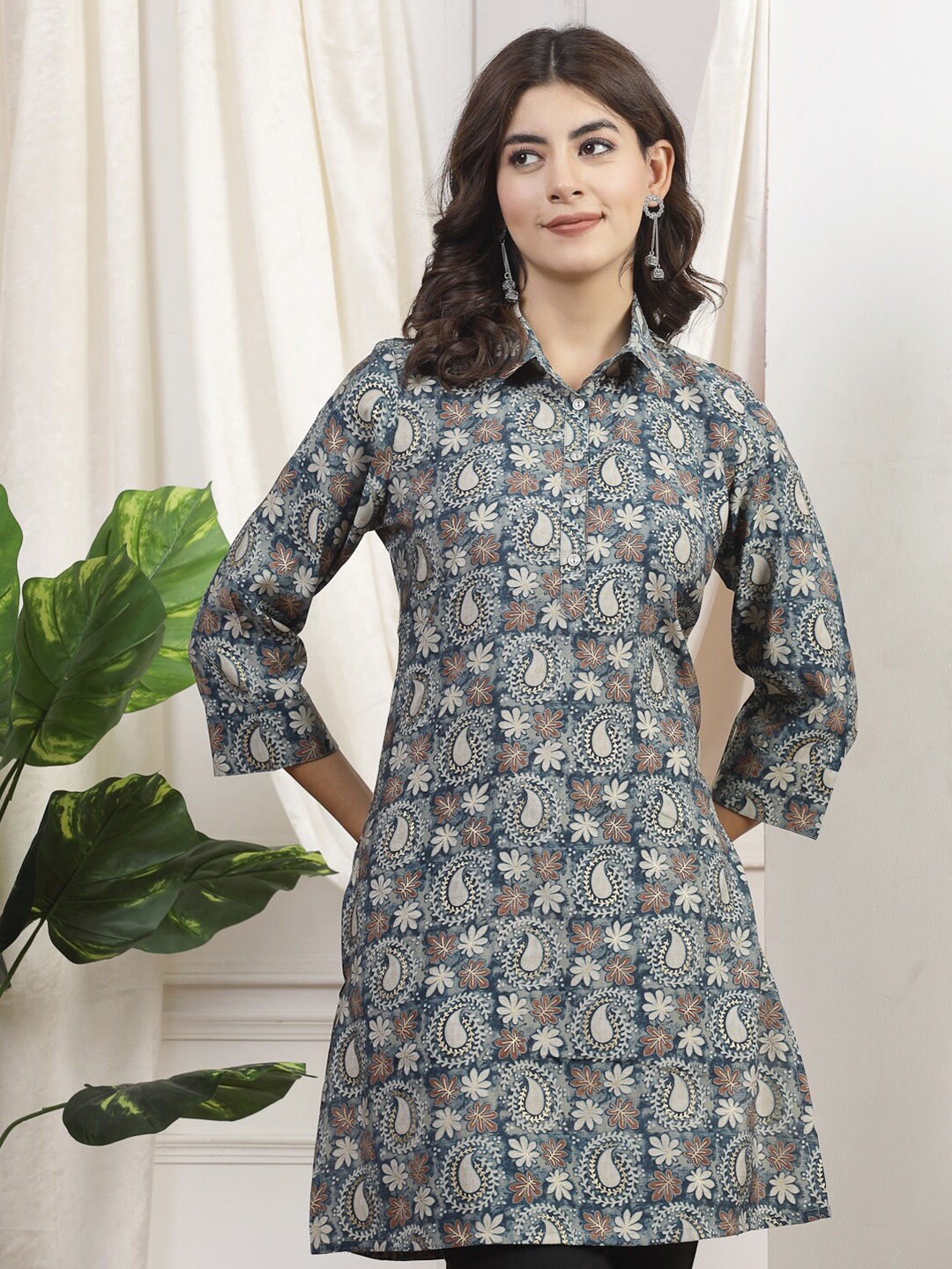 

Nayam By Lakshita Floral Printed Shirt Collar Chanderi Cotton Kurti, Teal