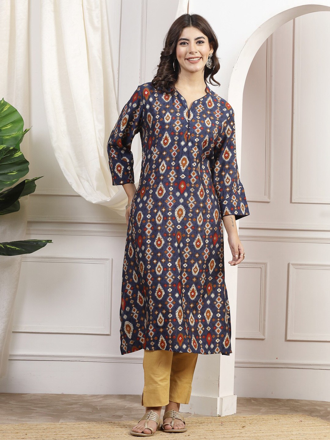 

Nayam By Lakshita Ethnic Motifs Printed Mandarin Collar Straight Kurta, Blue