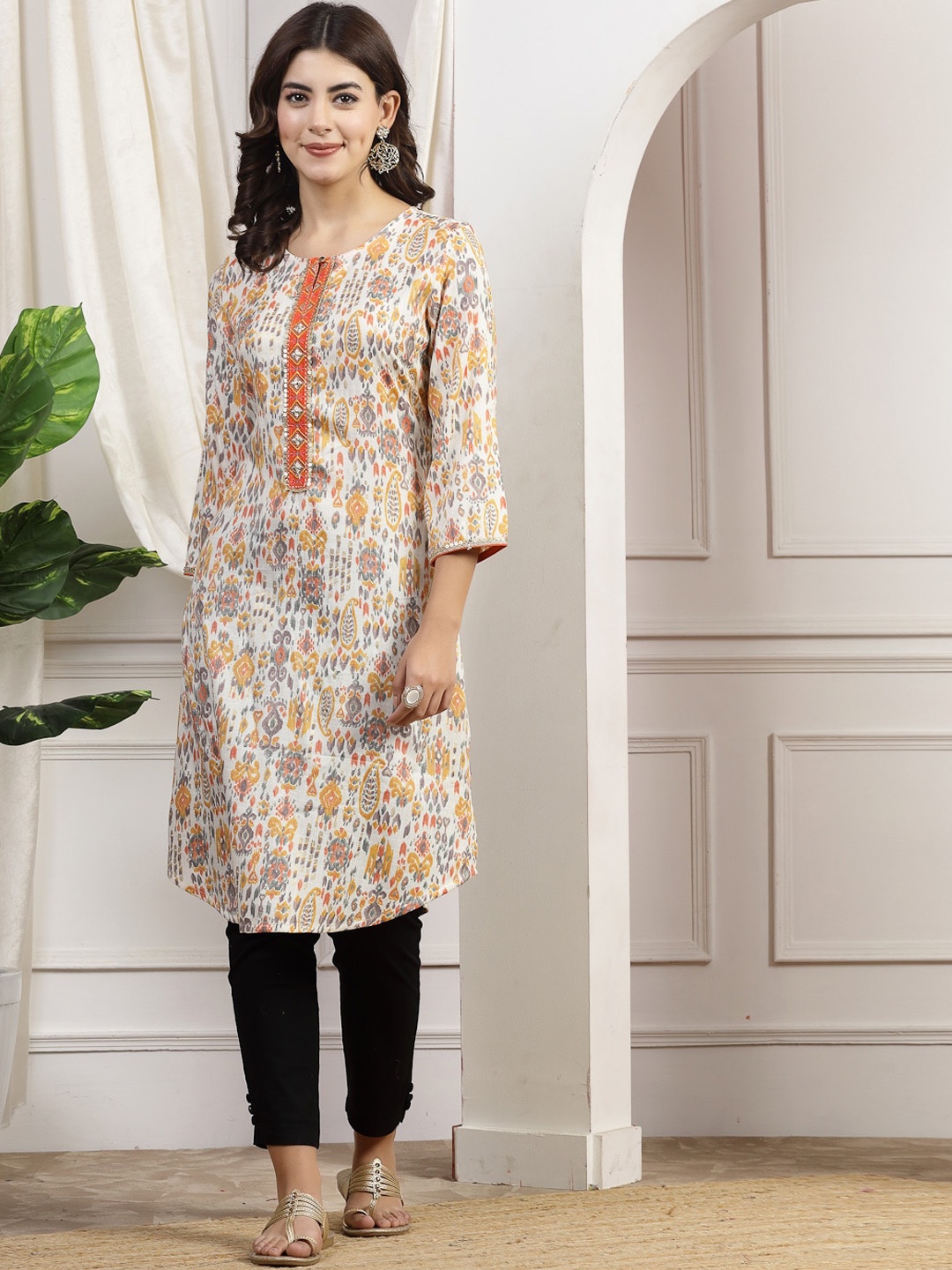 

Nayam By Lakshita Paisley Printed Keyhole Neck Mirror Work Straight Kurta, Mustard