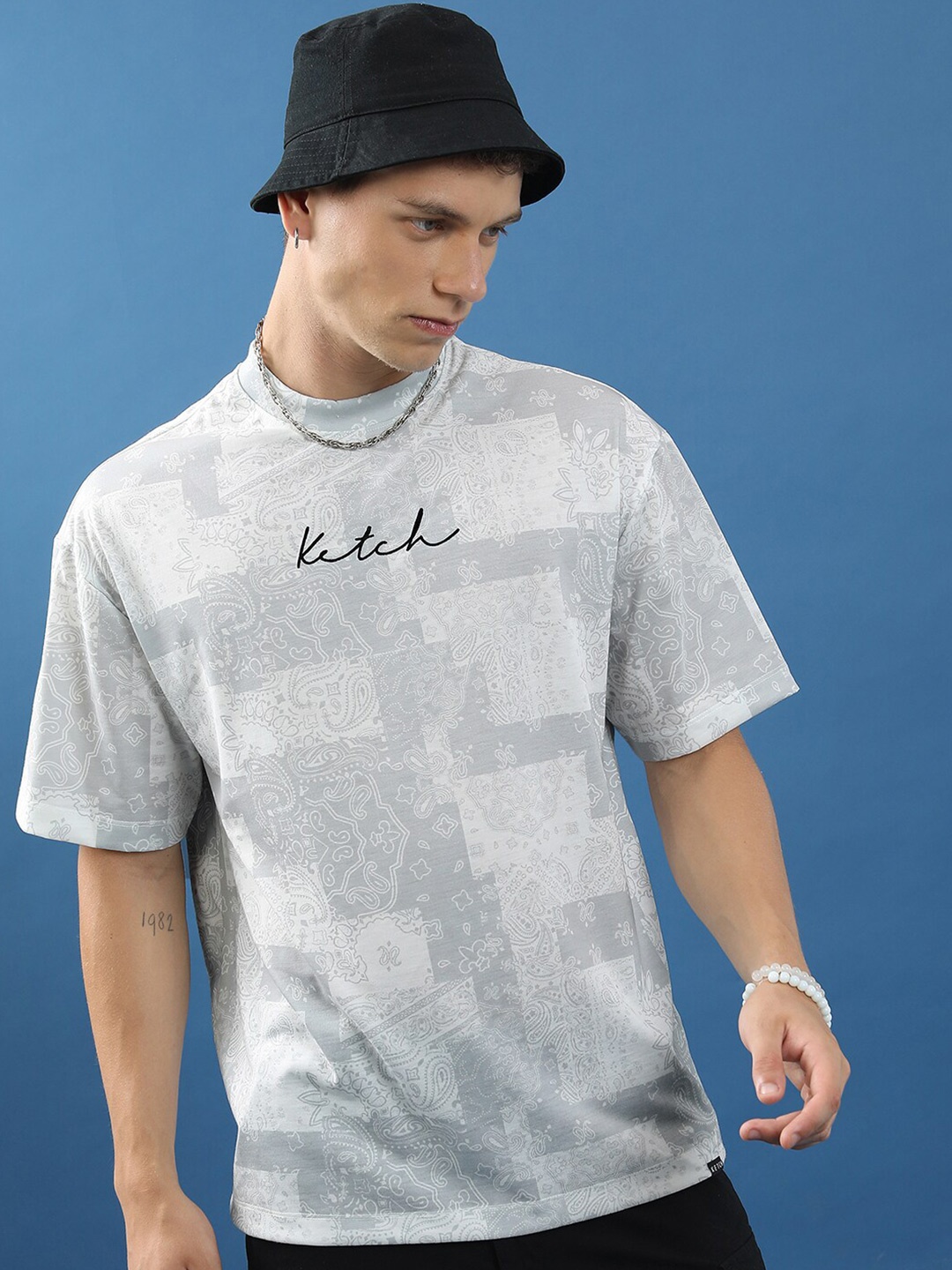 

KETCH Unisex Abstract Printed Slim Fit T-shirt, White