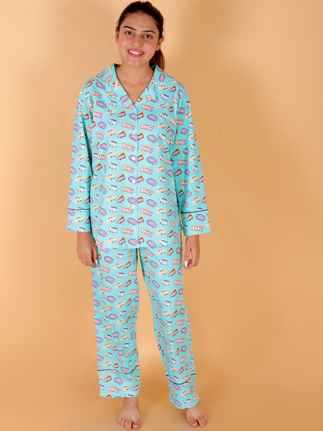 

The Mom Store Typography Printed Pure Cotton Night suit, Blue