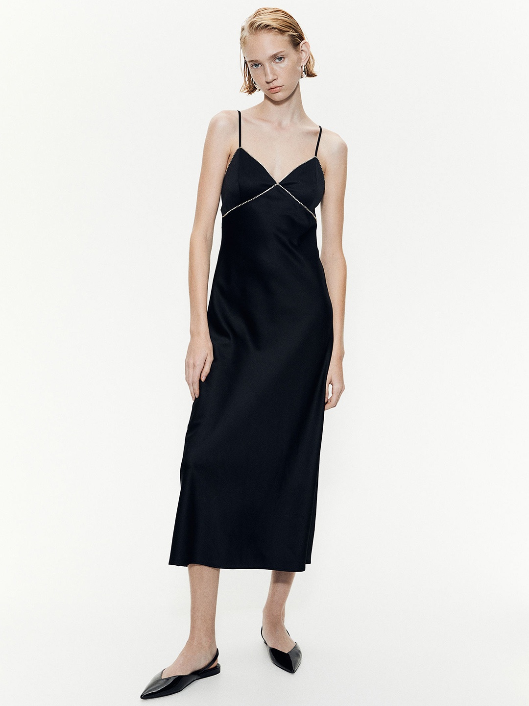 

H&M Rhinestone-Embellished Satin Dresses, Black