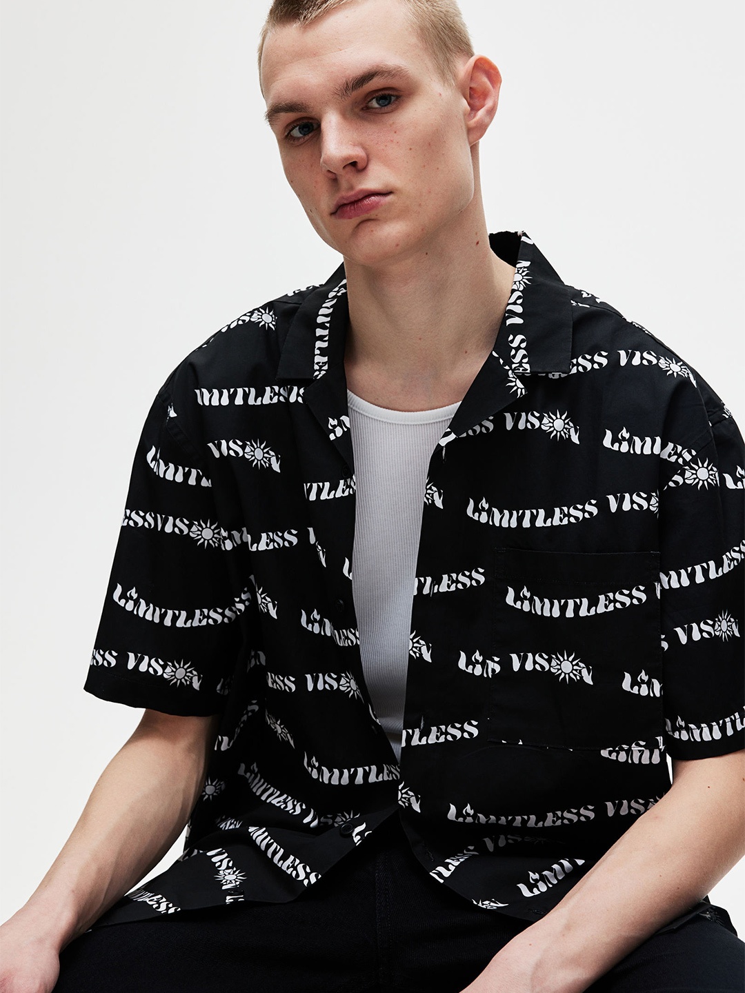 

H&M Pure Cotton Loose Fit Patterned Resort Shirt, Black