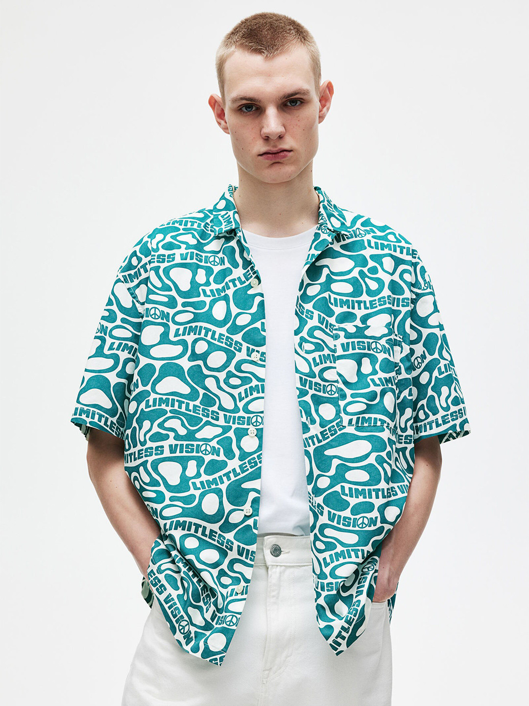 

H&M Loose Fit Patterned Resort Shirt, Turquoise blue