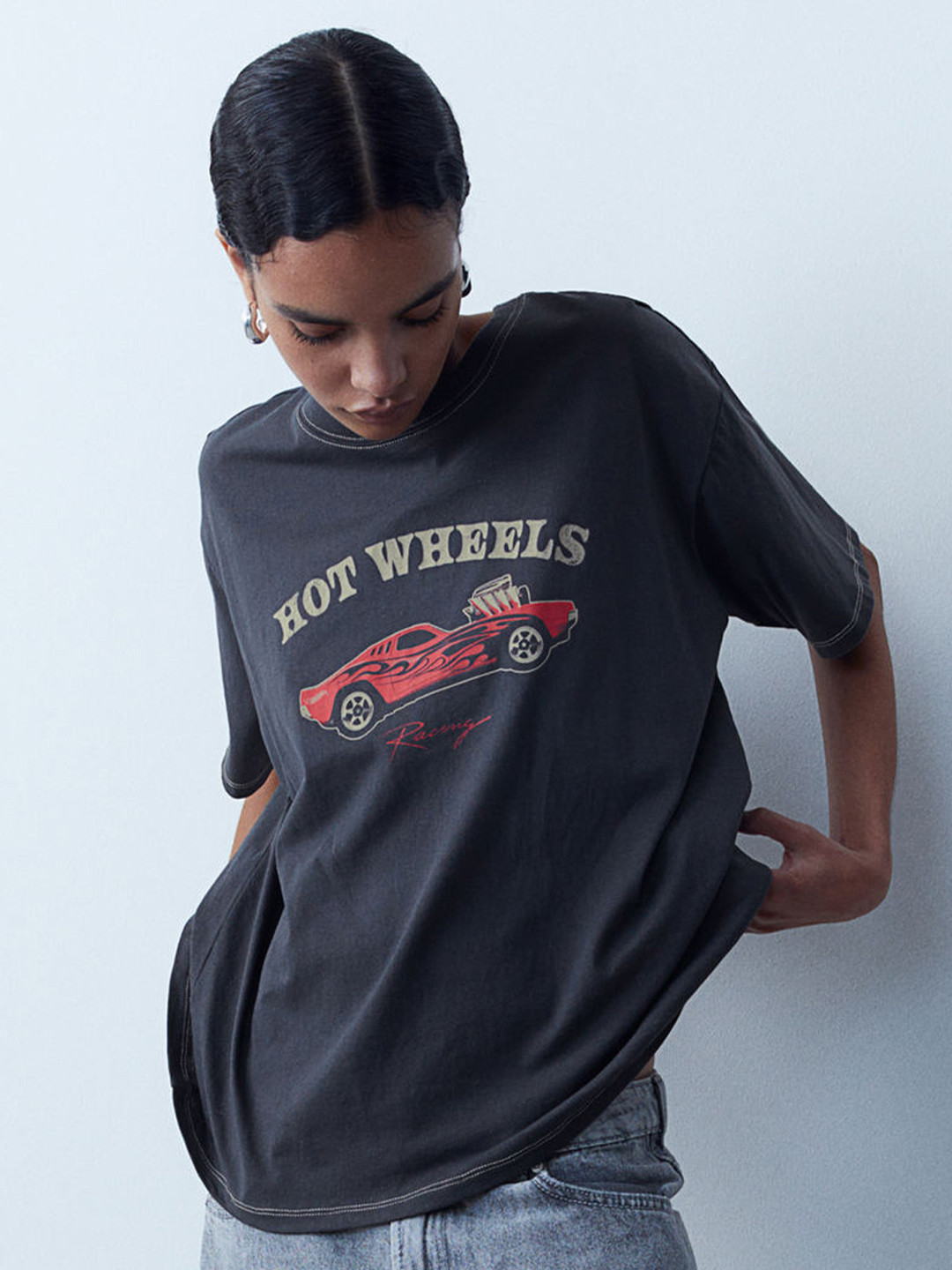 

H&M Pure Cotton Oversized Printed T-Shirt, Grey