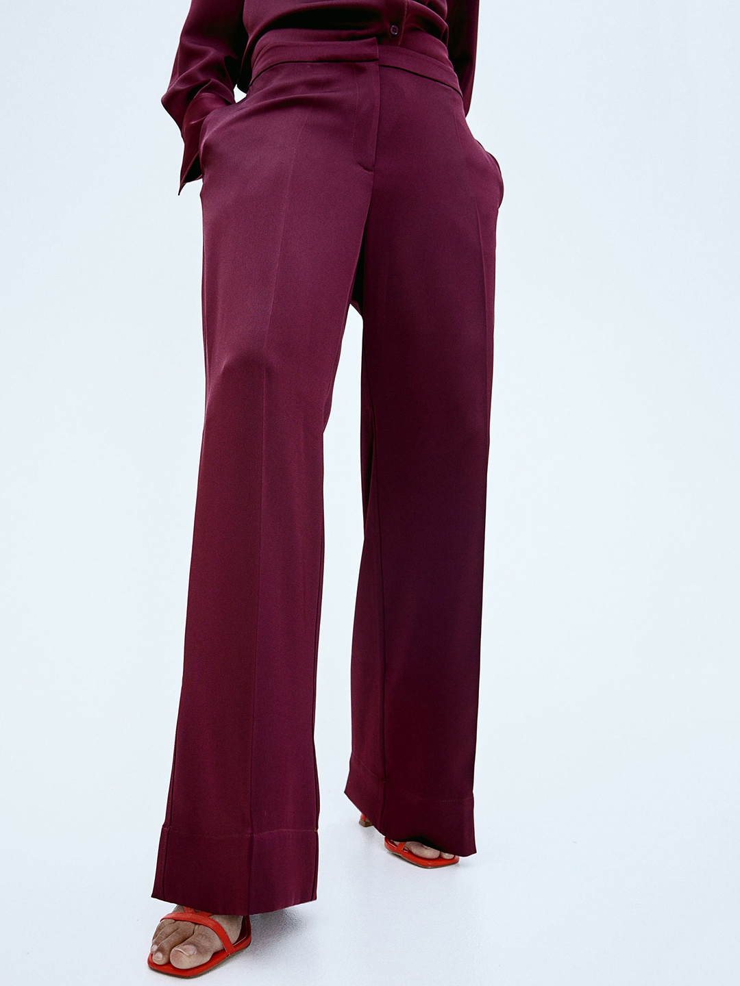 

H&M Women Wide Satin Trousers, Burgundy