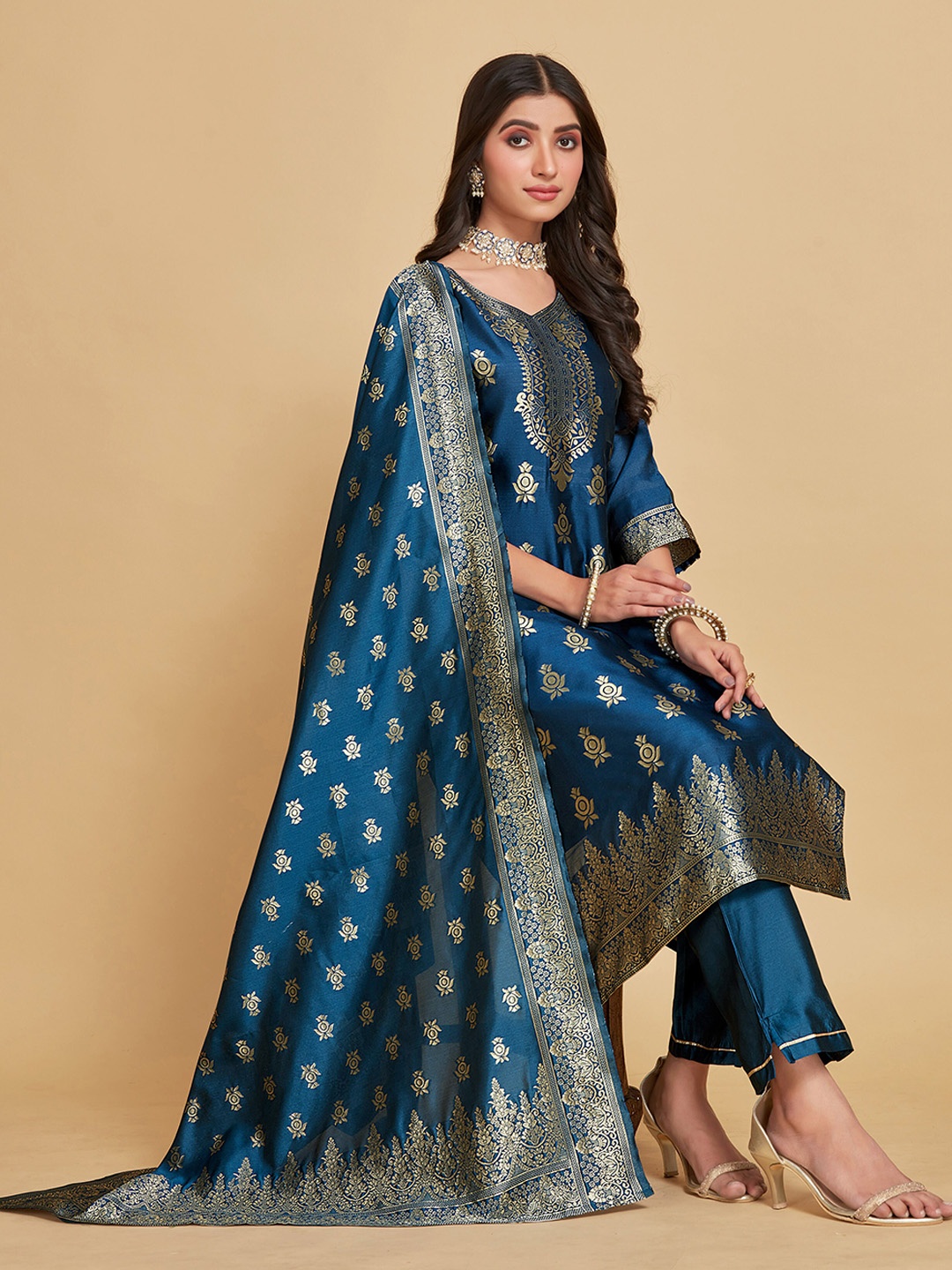 

Sangria Ethnic Motifs Woven Design Straight Kurta With Trousers & Dupatta, Teal