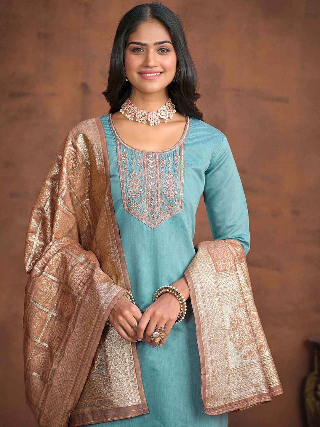 

Sangria Yoke Design Round Neck Kurta With Trousers & Dupatta, Blue