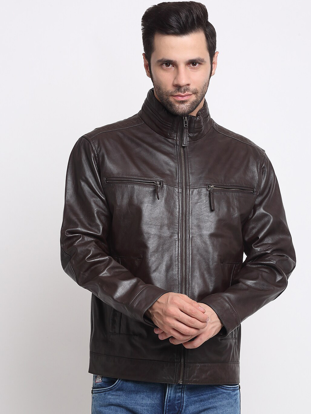 

Teakwood Leathers Mock Collar Leather Jacket, Brown