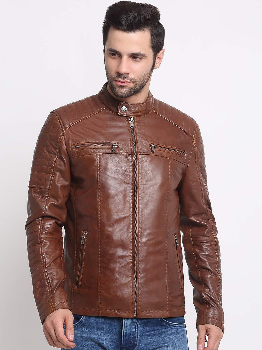 

Teakwood Leathers Stand Collar Biker Jacket, Brown