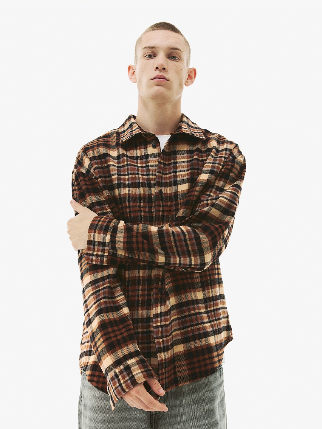 

H&M Loose-Fit Flannel Cotton Shirt, Brown