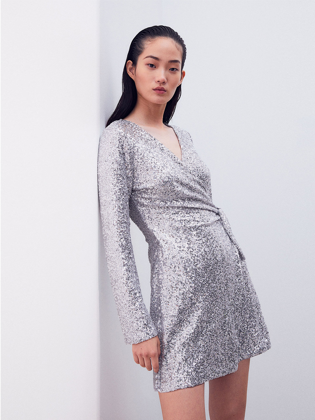 

H&M Sequined Wrap Dress, Silver