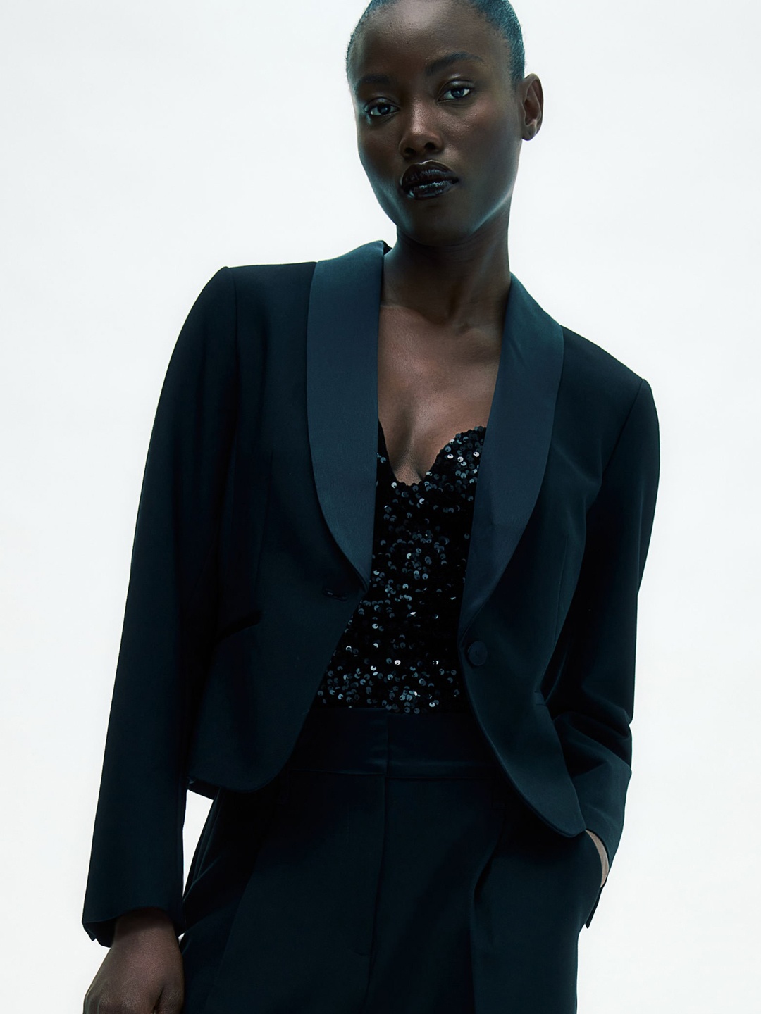 

H&M Single-Breasted Tuxedo Blazer, Black