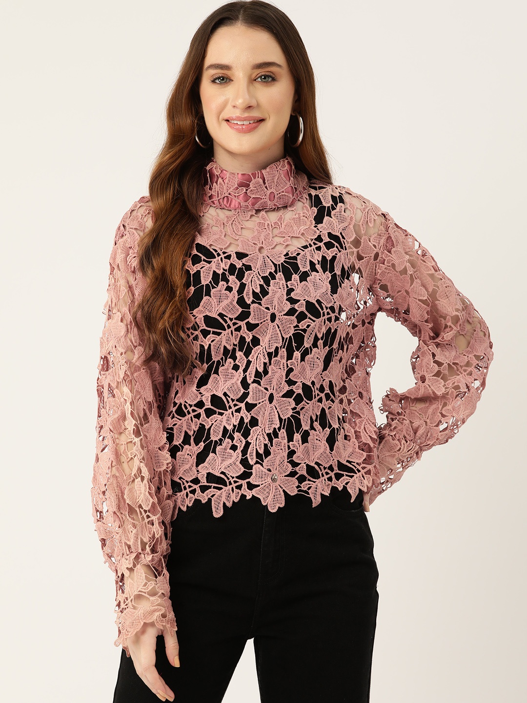 

Simaaya Floral High Neck Lace Top, Pink