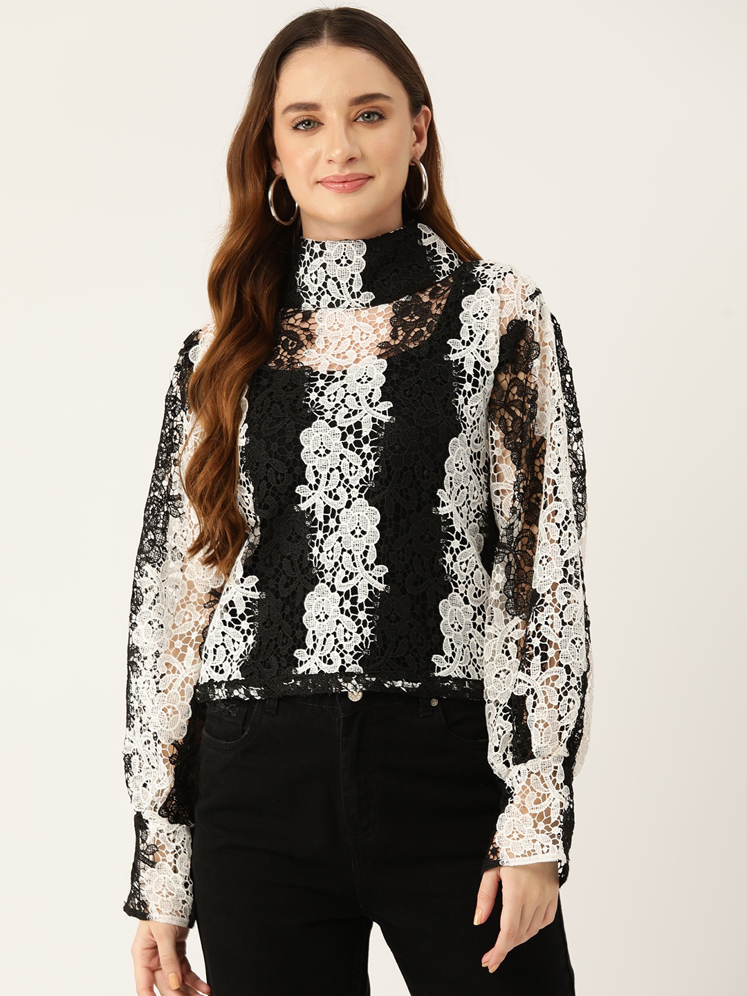 

Simaaya Floral High Neck Lace Top, Black