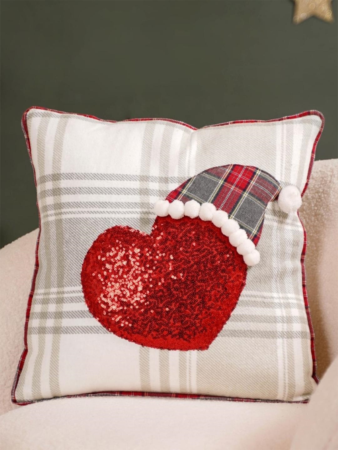 

Nestasia Grey & Red Plaid Sequin Square Cushion Cover