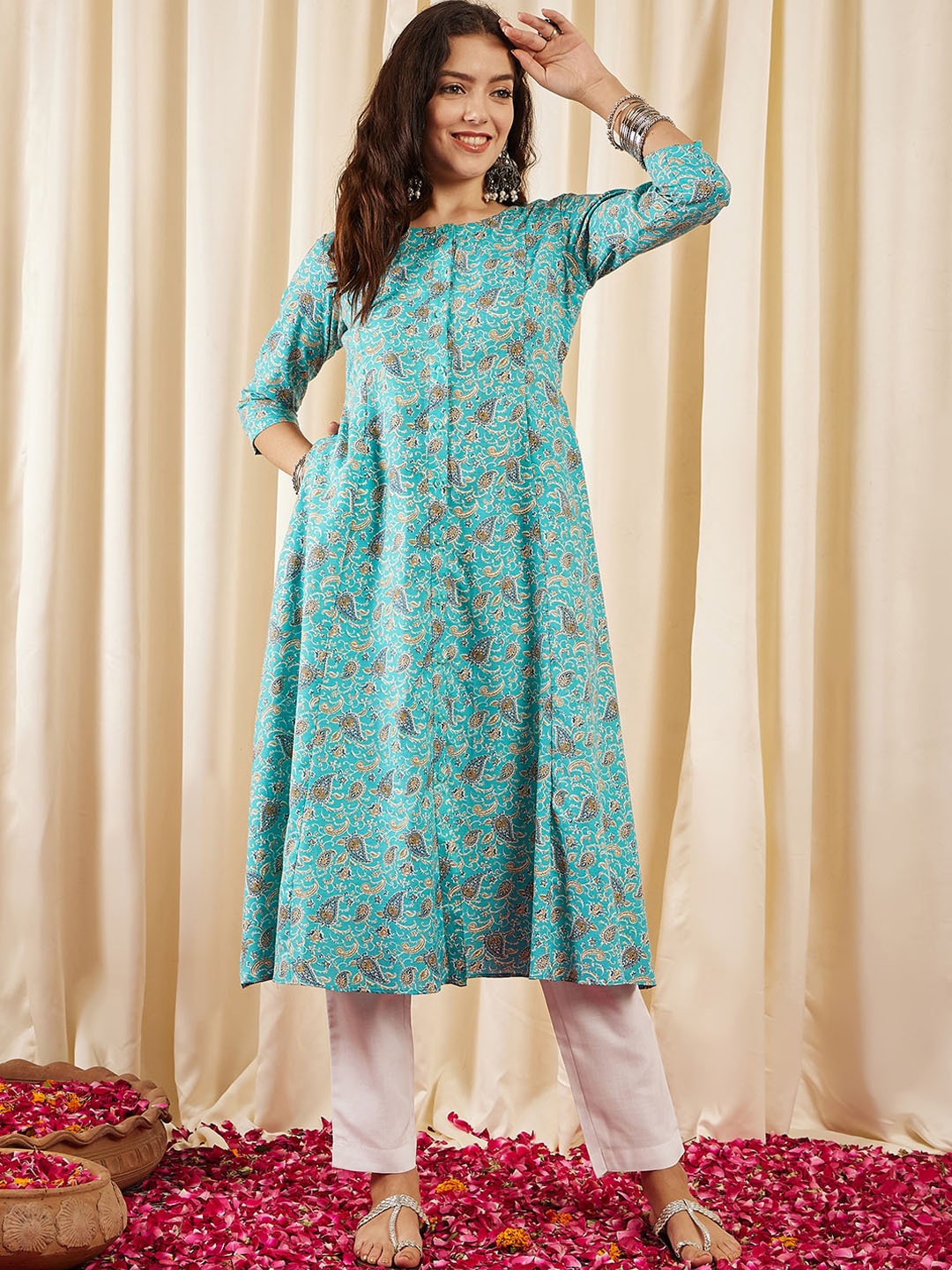 

Inddus Paisley Printed Panelled Cotton A-Line Kurta, Turquoise blue