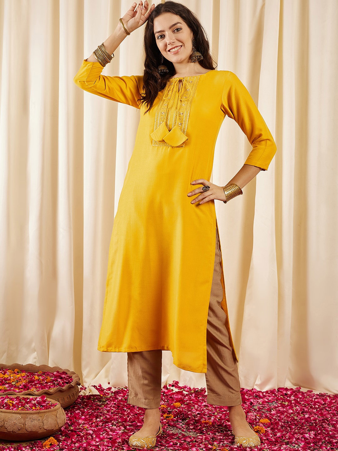 

Inddus Ethnic Motifs Yoke Design Thread Work Tie Up Silk Straight Kurta, Mustard