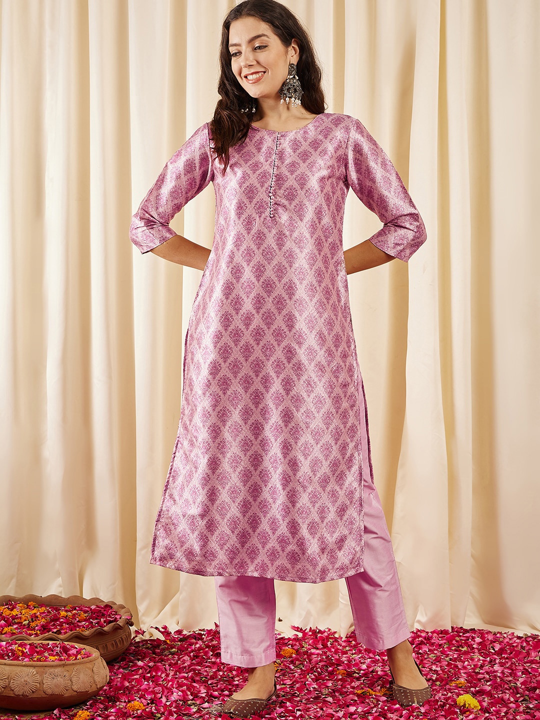 

Inddus Ethnic Jacquard Printed Kurta with Trousers, Pink