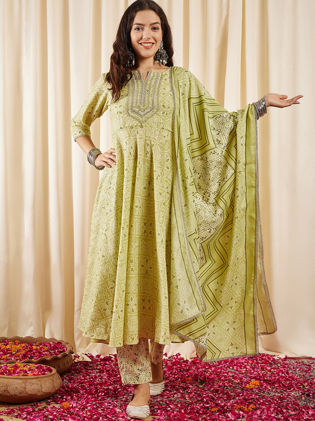 

Inddus Bandhani Printed Panelled Zari Kurta With Trousers & Dupatta, Green