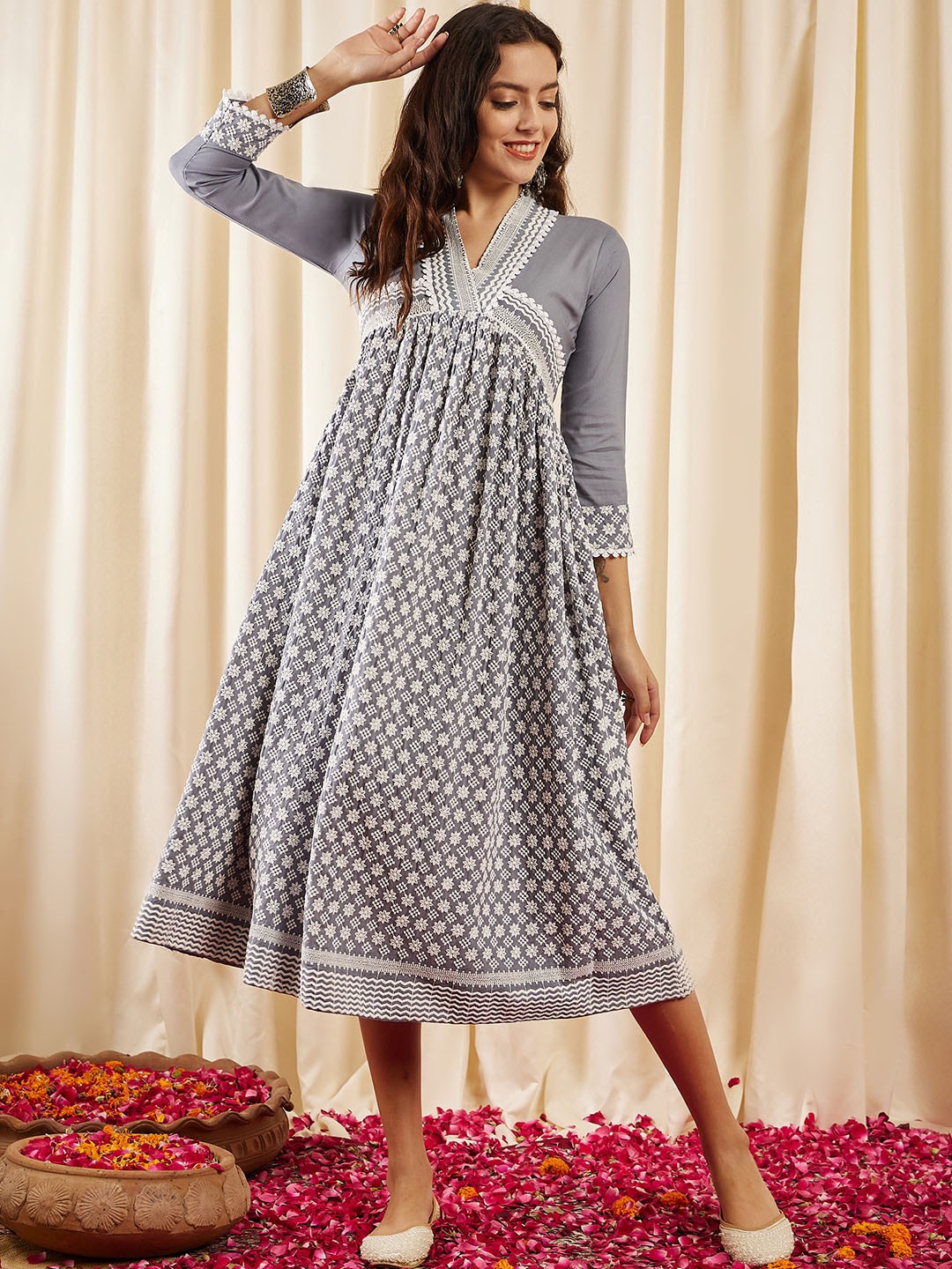 

Inddus Ethnic Motifs Embroidered V-Neck Chikankari Detailed Empire Midi Ethnic Dress, Grey
