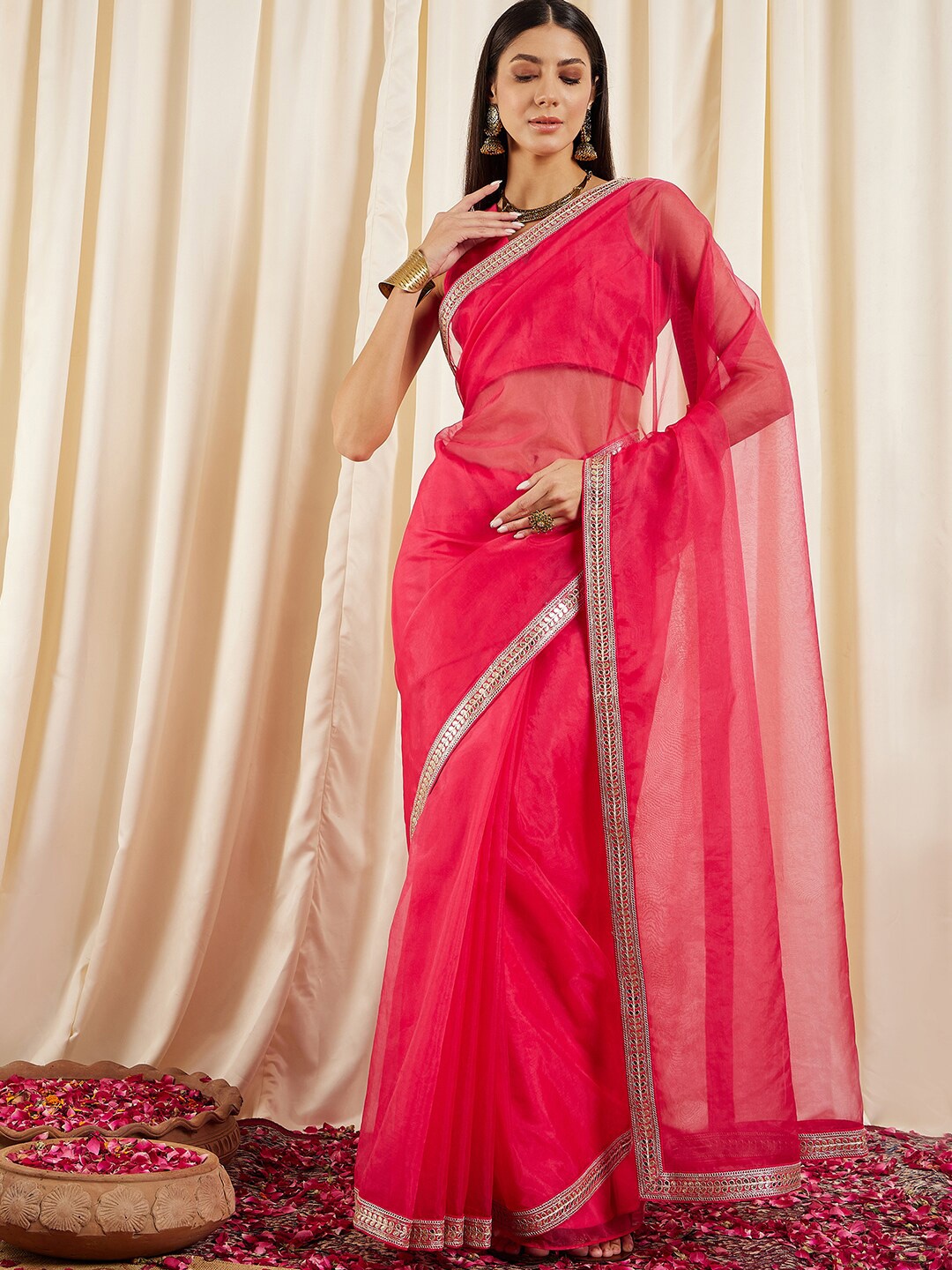 

Inddus Embroidered Detail Organza Saree, Magenta
