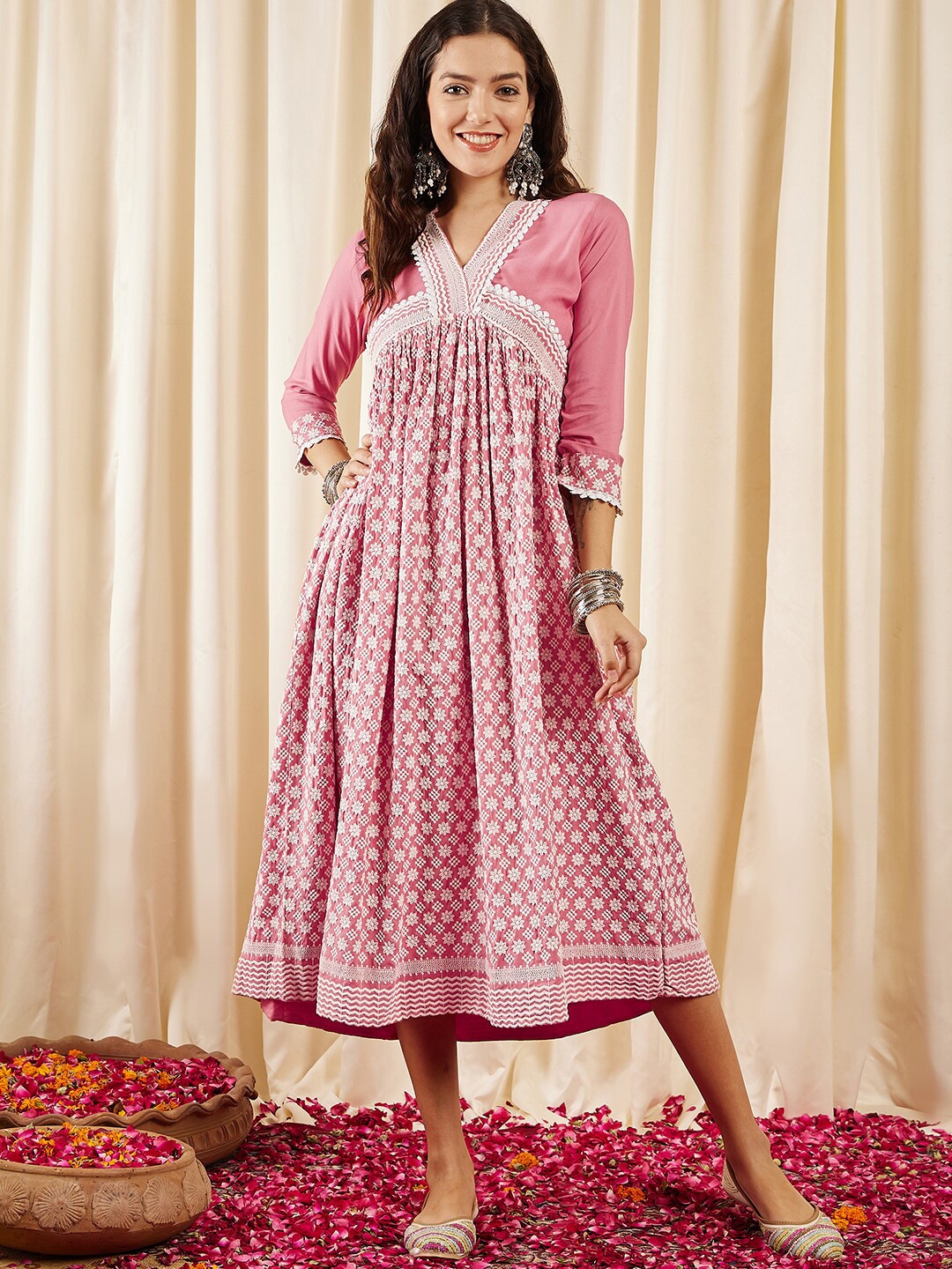 

Inddus Ethnic Motifs Embroidered V-Neck Chikankari Detailed Empire Midi Ethnic Dress, Pink