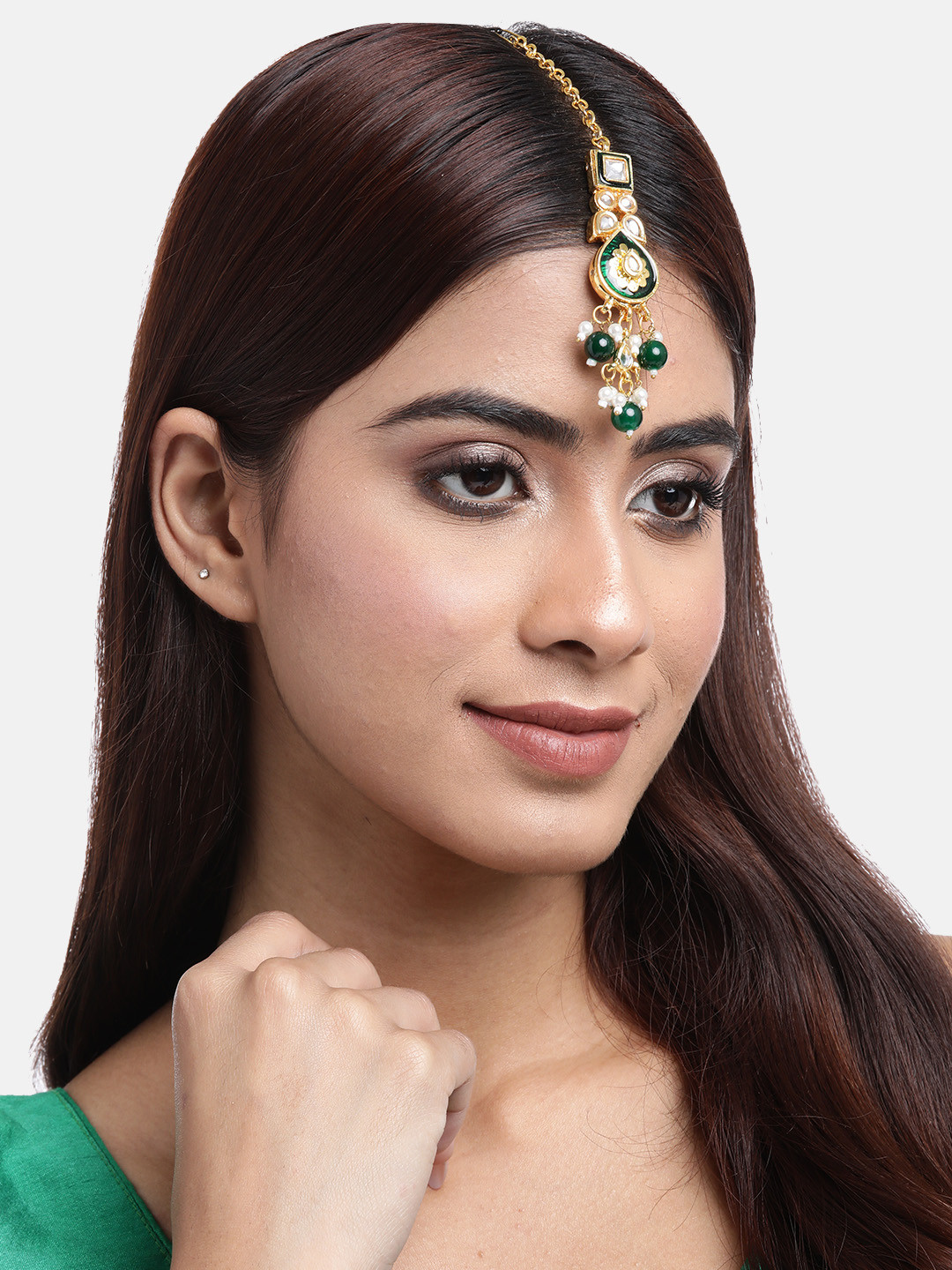 

Anouk Women Gold-Plated Pearl & Kundan Studded Maang Tikka, Green