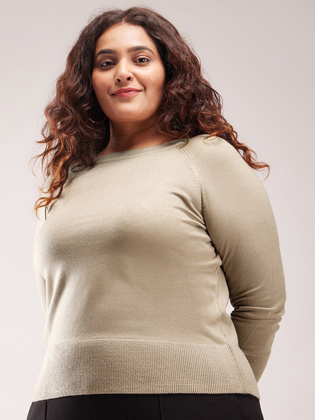 

FableStreet X Plus Size Boat Neck Pullover, Beige